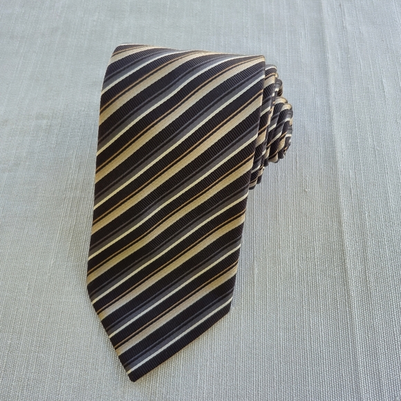Brioni Repp Men's Tie, Silk Blend , Classic Beige, Brown And Greay Stripes - Picture 8 of 8